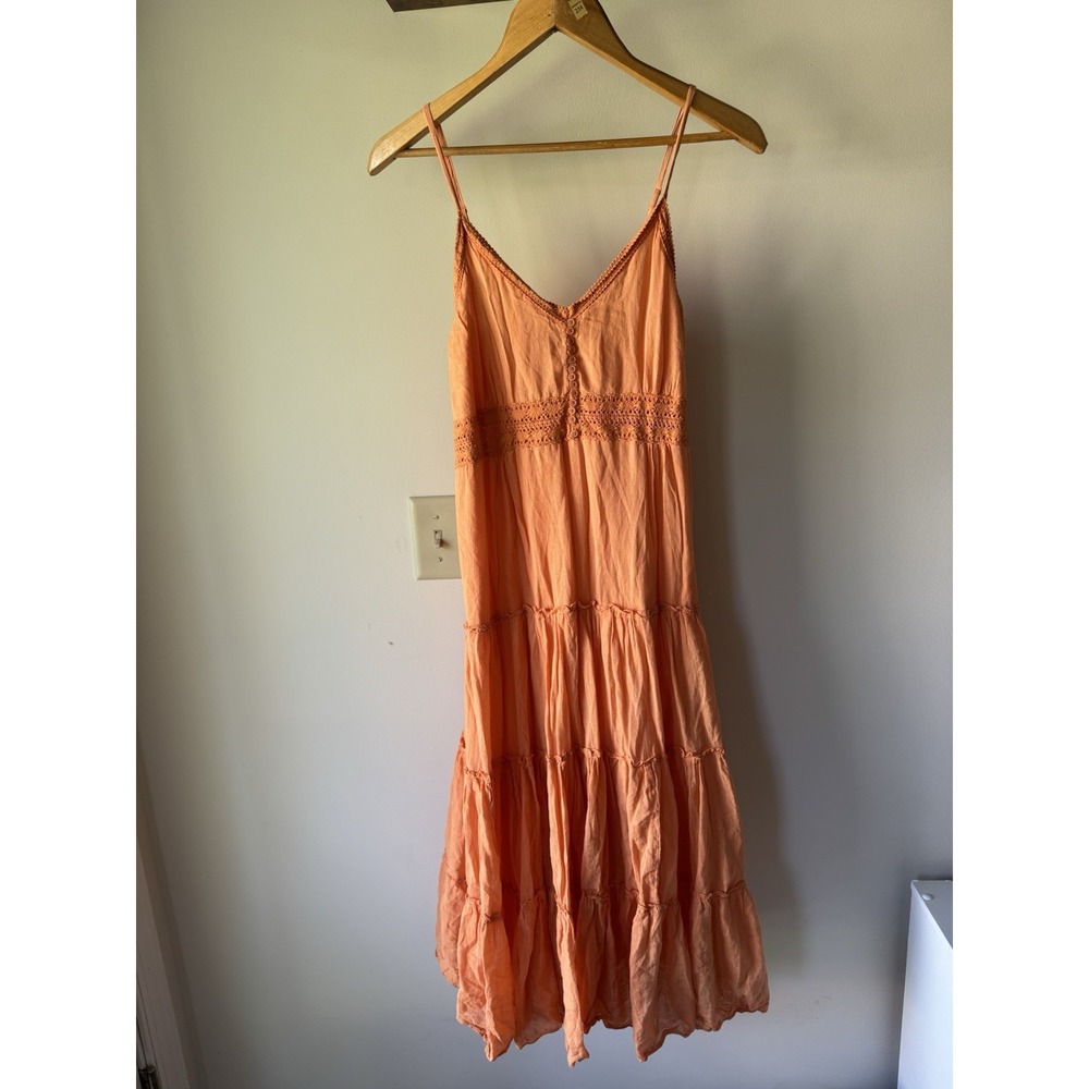 Mlle Gabrielle Peach Orange Tiered Maxi Sundress Crochet Cottagecore Peasant Boh